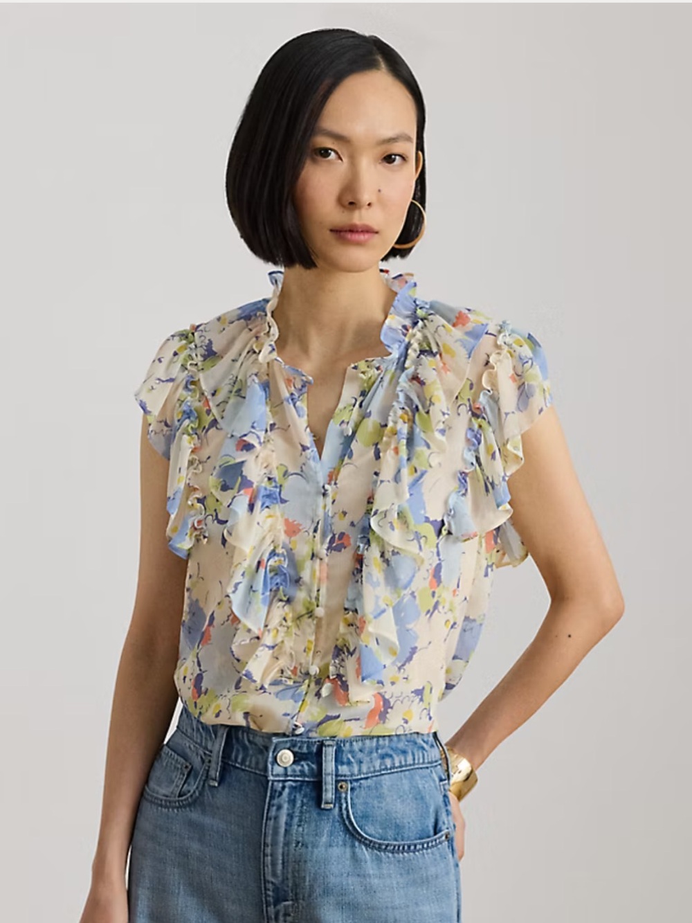 Lauren Ralph Lauren Georgette Blouse floral ruffle XS